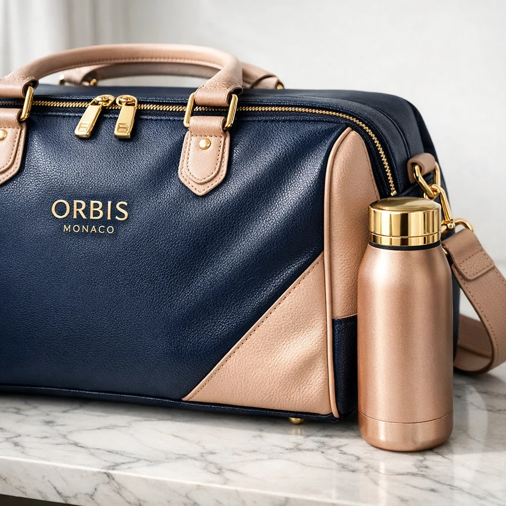 Navy and blush ORBIS MONACO weekender with a rose-gold bottle on marble