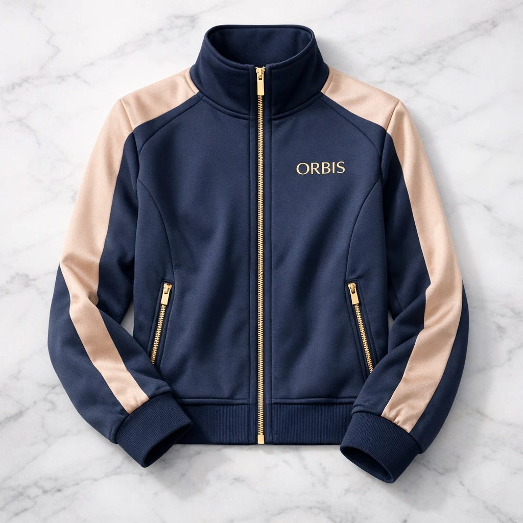 Navy track jacket with blush sleeve panels laid flat on marble
