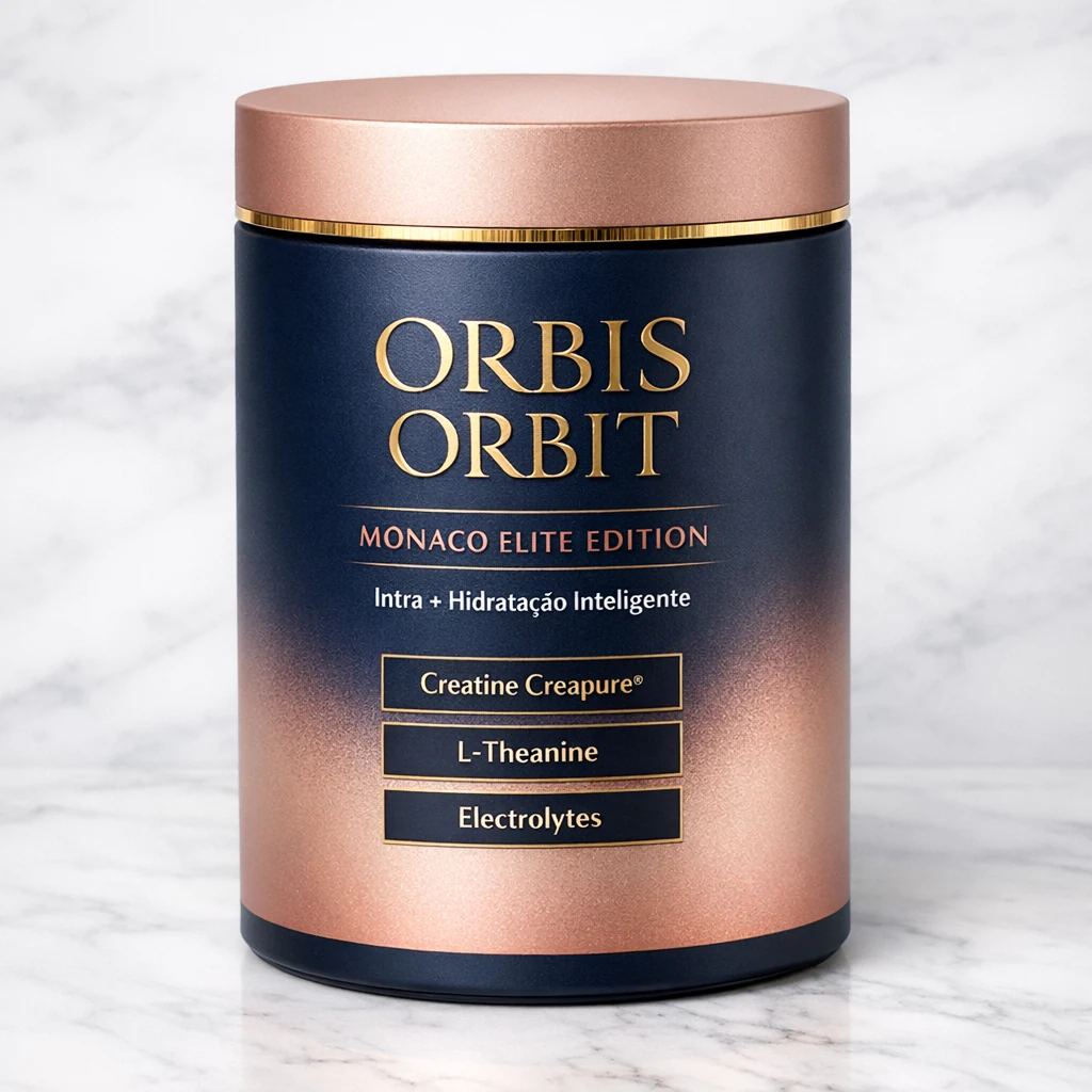 Navy ORBIS ORBIT Monaco Elite Edition jar with a rose-gold lid on marble