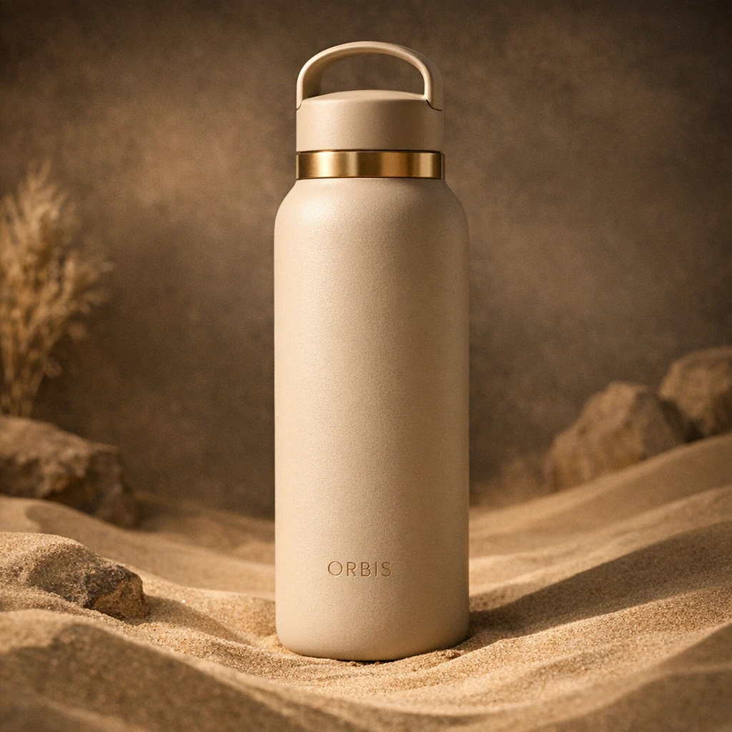 Sand bottle with a carry handle and a gold band standing in desert sand