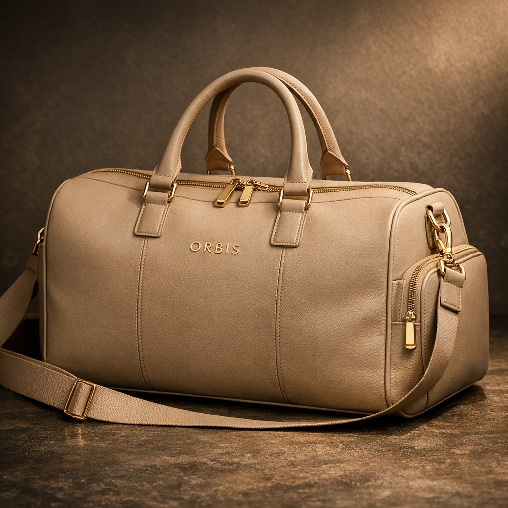 Sand duffel bag with gold-tone hardware and an ORBIS logo on a dark backdrop