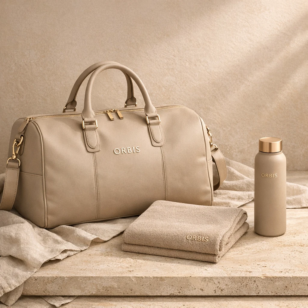 Sand duffel, towel and bottle arranged on pale stone