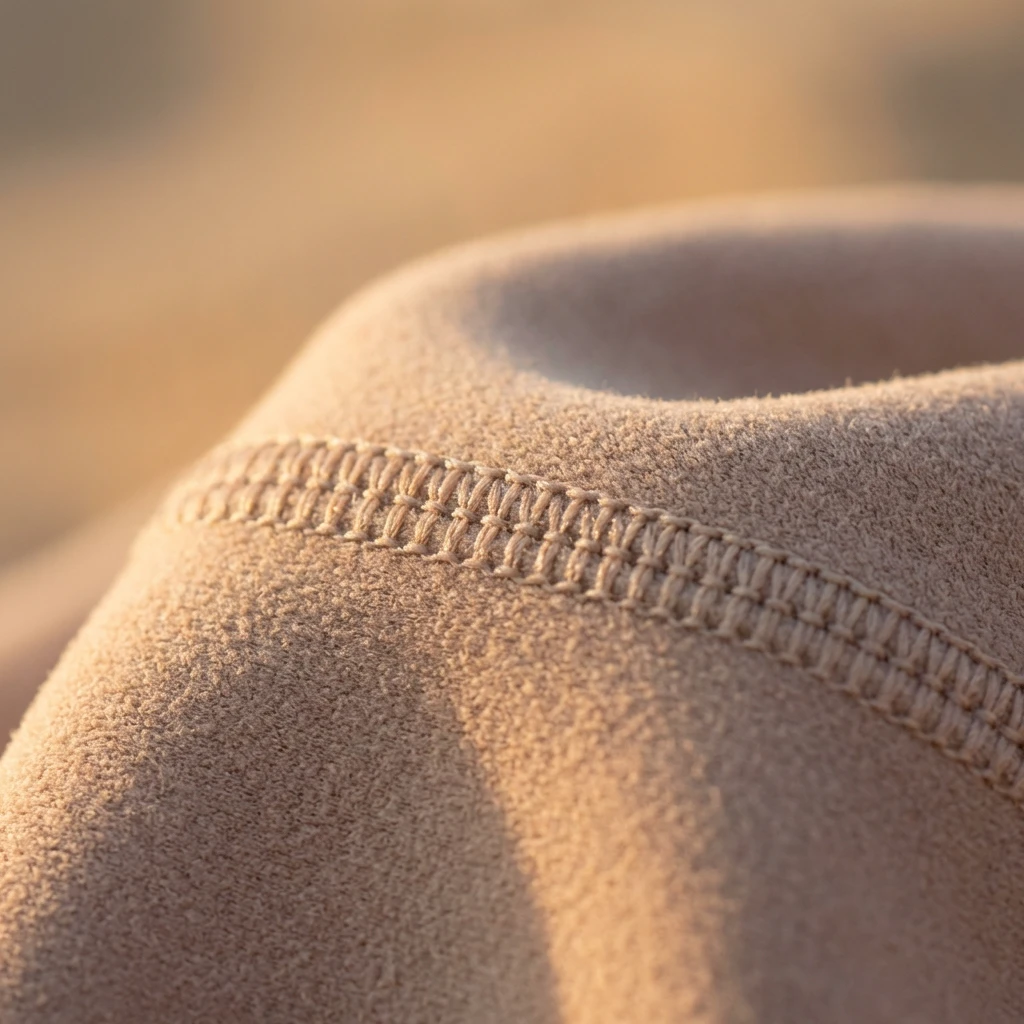 Macro of soft sand fabric with a flatlock seam