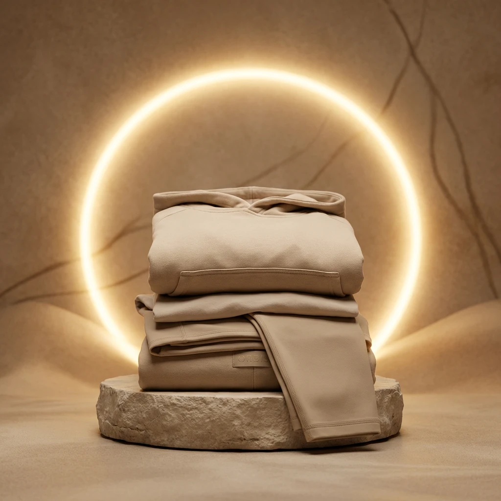 Folded sand hoodie and trousers on a stone plinth before a glowing ring
