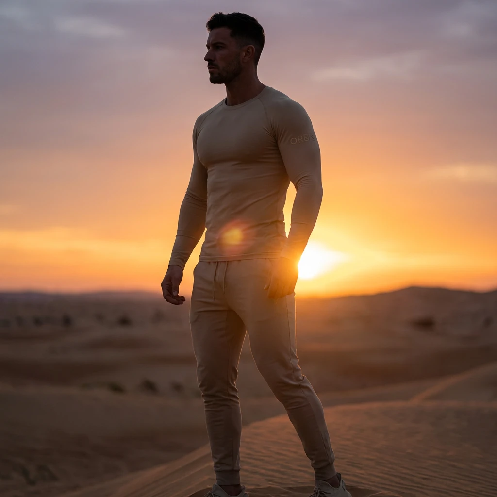 Man in a fitted sand long-sleeve top and joggers on a dune at sunset