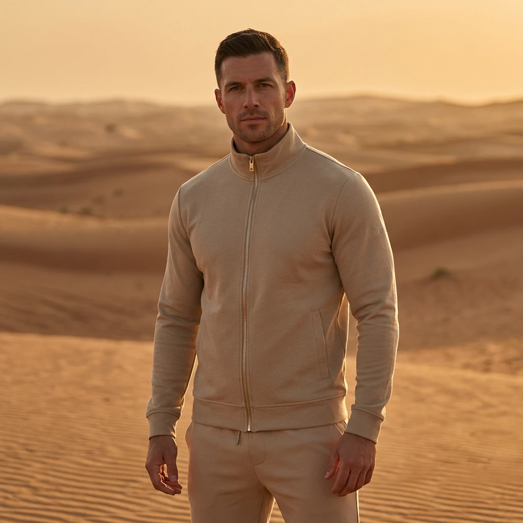 Man in a sand track jacket in the desert