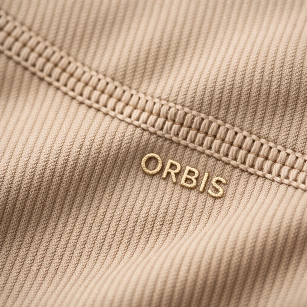 Ribbed sand fabric with stitching and a gold ORBIS mark