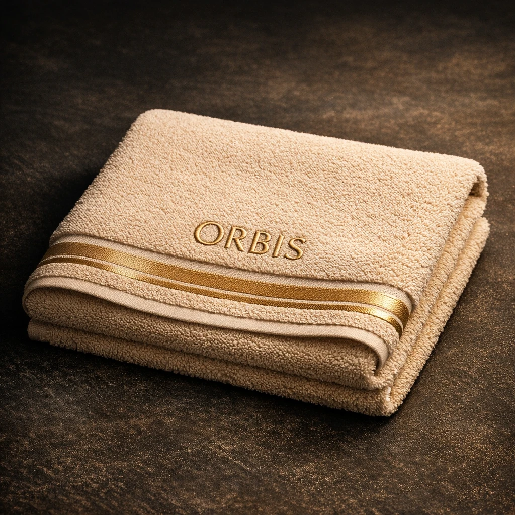 Folded sand towel with gold embroidered ORBIS lettering and gold border stripes