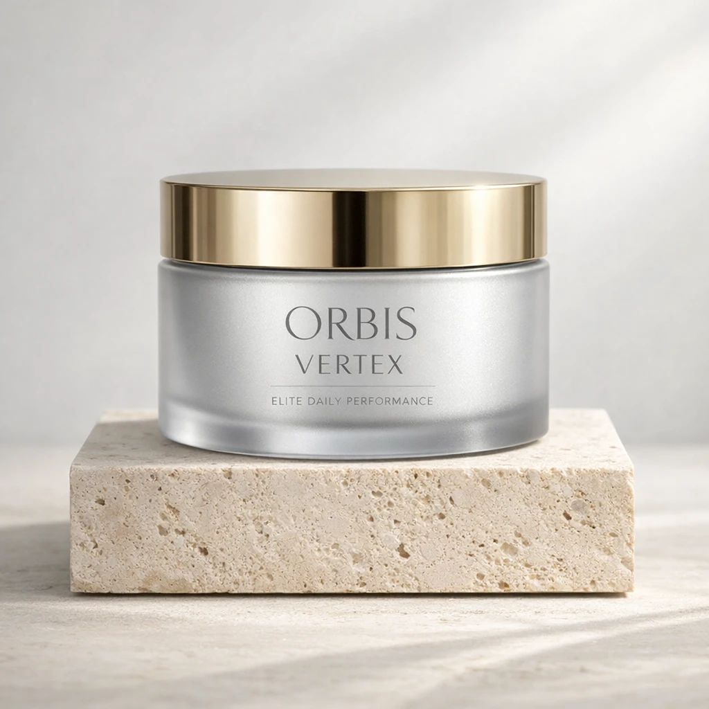 Silver ORBIS Vertex jar on travertine