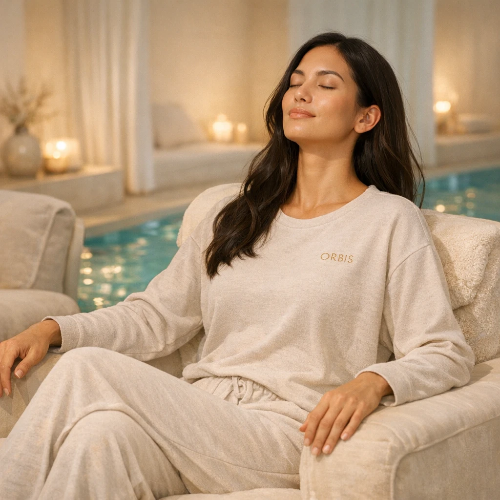 Woman resting in loungewear in a candlelit spa